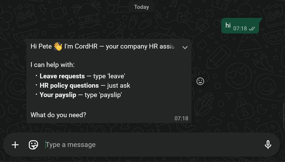 CordHR WhatsApp assistant